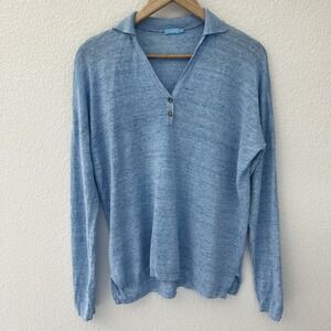 J. McLaughlin 100% Linen Open Knit Popover Sweater M Womens Blue Beachy Coastal